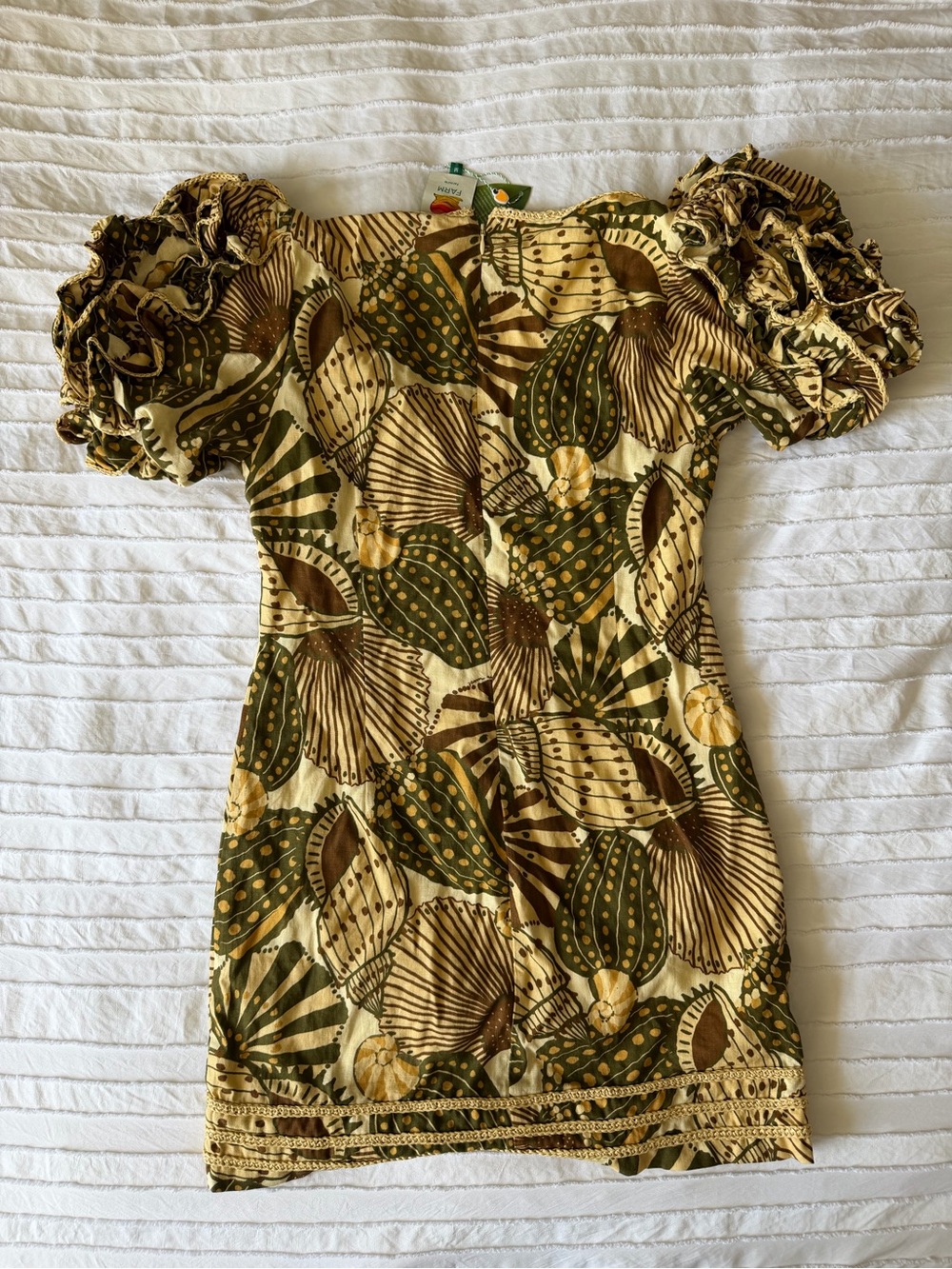 FARM Rio Green, Brown & Cream Tropical Print Ruffled Sleeve Dress - Picture 2 of 3